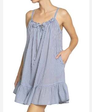 Robin Piccone Women's Sz M Harper Blue White Stripe Ruffle Hem Cover-Up Dress